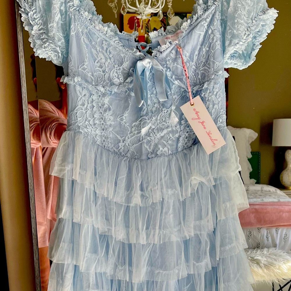 Amy Jane London Sofia Maxi Dress. Powder Blue. Sweetheart lace bodice, lace up